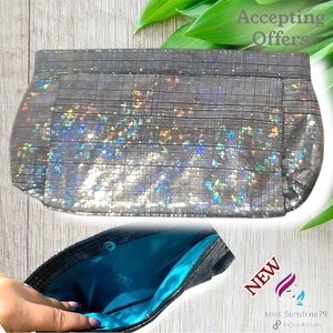 NEW - Holographic Silver fabric Clutch with turquoise satin inside - no pockets